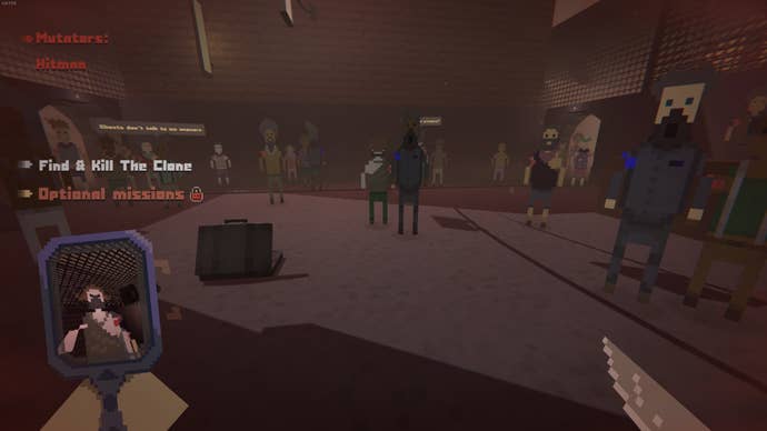 A crowd of NPCs stares eerily at the player in DoubleWe.