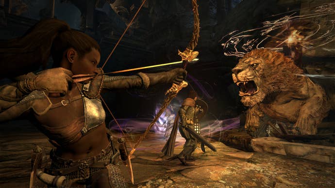 A hero fires an arrow at a huge lion in Dragon’s Dogma
