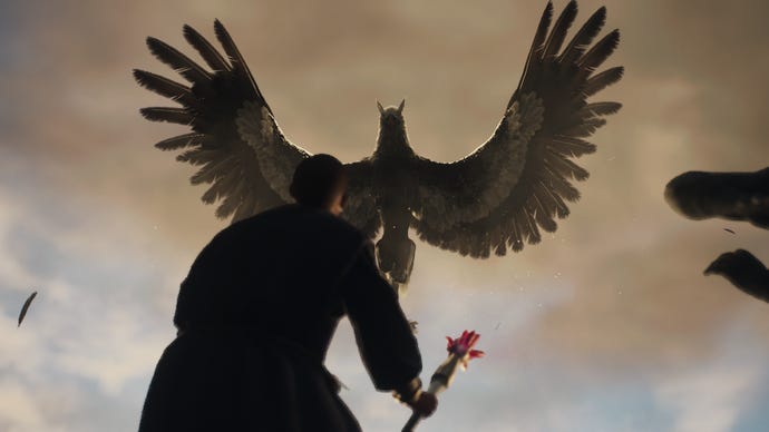 A griffin takes flight in front of shocked guards in Dragon’s Dogma 2.