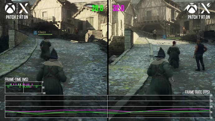 dragon’s dogma 2 screenshot showing patch 2 vs patch 7 with rt on