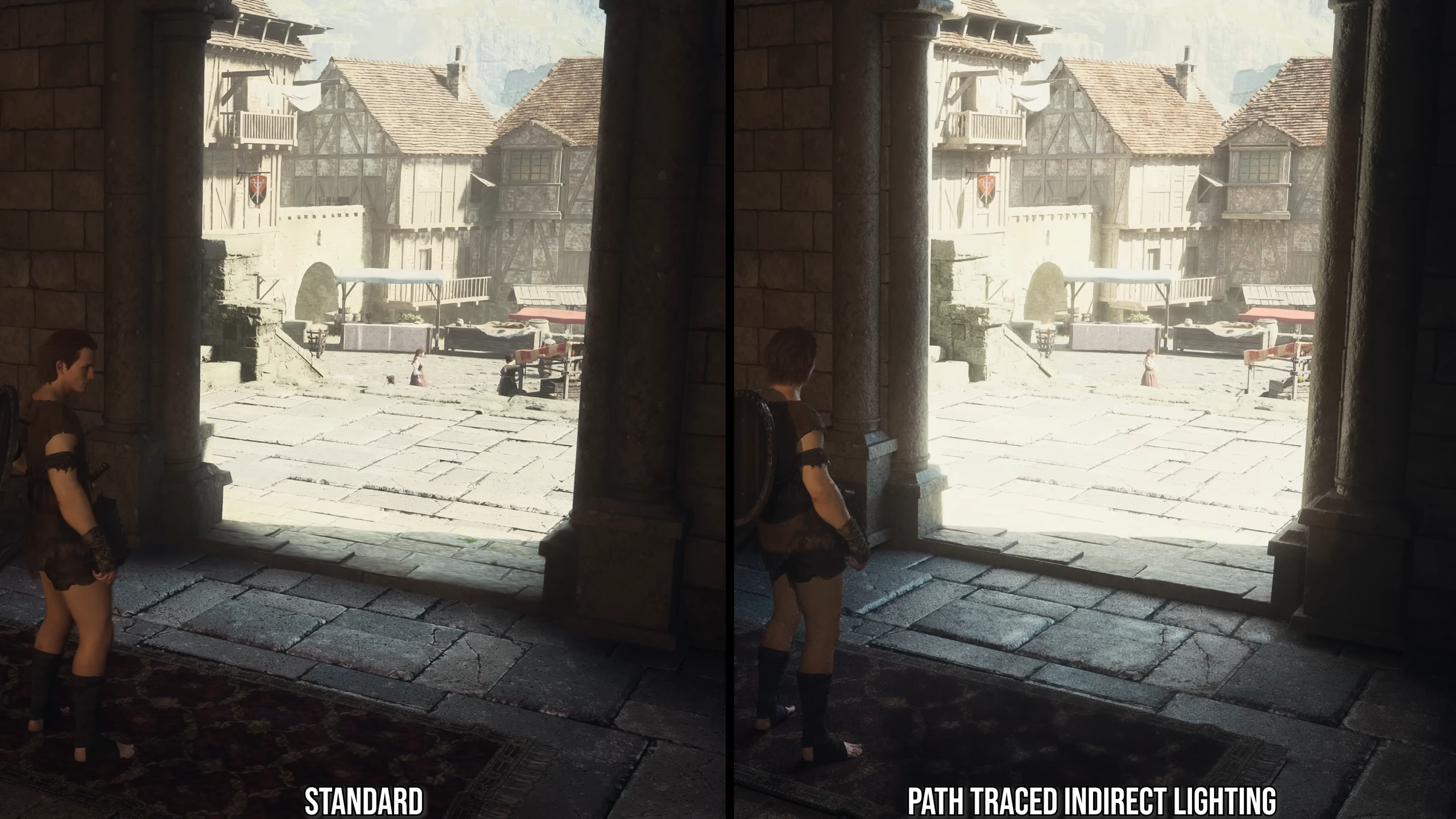 dragon&rsquo;s dogma 2 path tracing vs RTGI, shot near a door