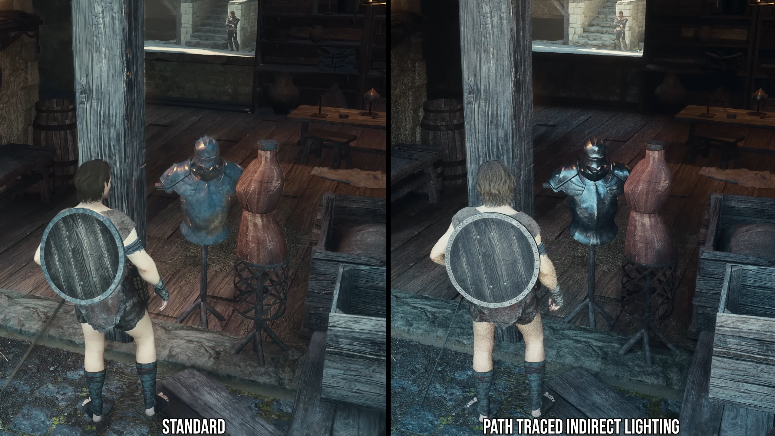 dragon&rsquo;s dogma 2 path tracing vs RTGI, shot of armour