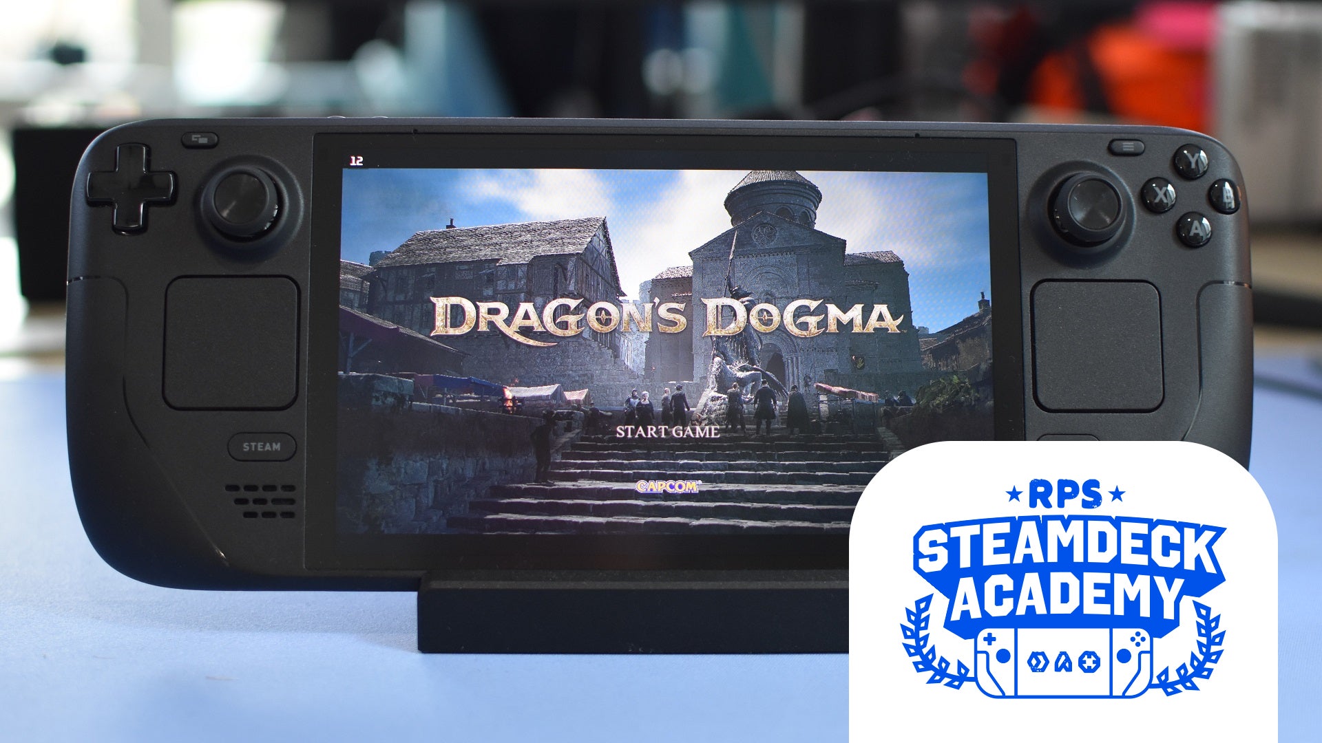 The Dragon&rsquo;s Dogma 2 title screen on a Steam Deck. The RPS Steam Deck Academy logo is added in the bottom-right corner.