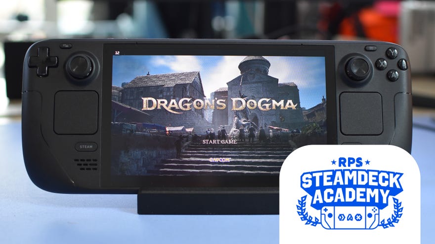 The Dragon’s Dogma 2 title screen on a Steam Deck. The RPS Steam Deck Academy logo is added in the bottom-right corner.