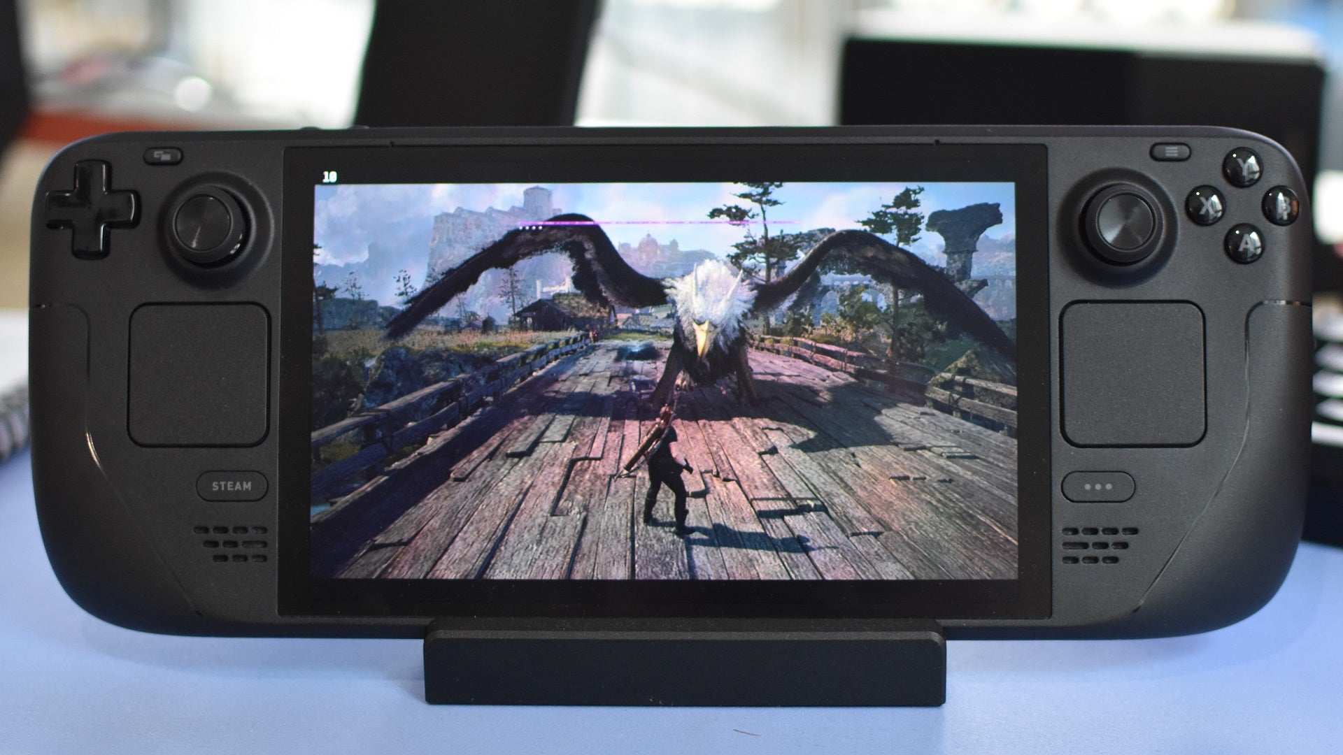 A griffon attacks in Dragon&rsquo;s Dogma 2, shown running on a Steam Deck.