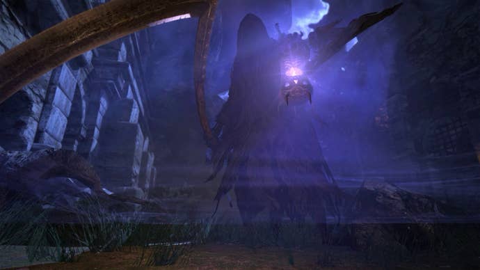 A shadowy ghostly reaper wields a scythe in the dark in Dragon’s Dogma. They hold up a lantern that glows.