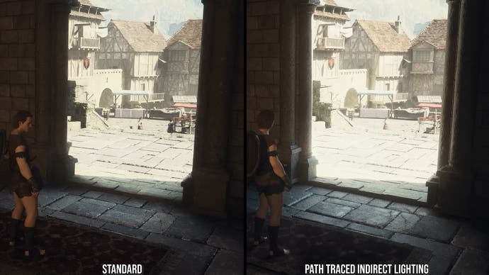 dragon's dogma 2 path tracing vs RTGI, shot near a door