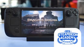 The Dragon's Dogma 2 title screen on a Steam Deck. The RPS Steam Deck Academy logo is added in the bottom-right corner.