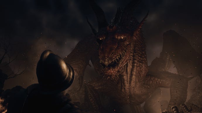 A dragon approaches a lone soldier in Dragon's Dogma 2.