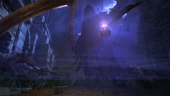 A shadowy ghostly reaper wields a scythe in the dark in Dragon's Dogma. They hold up a lantern that glows.