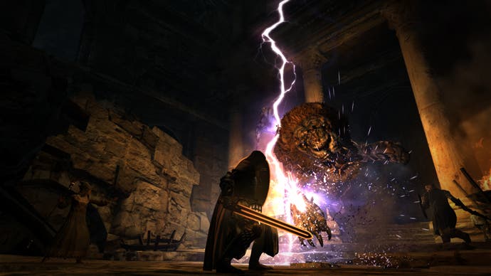 A lightning spell illuminates a dark battlefield in Dragon's Dogma, with a hero shadowed in the foreground.