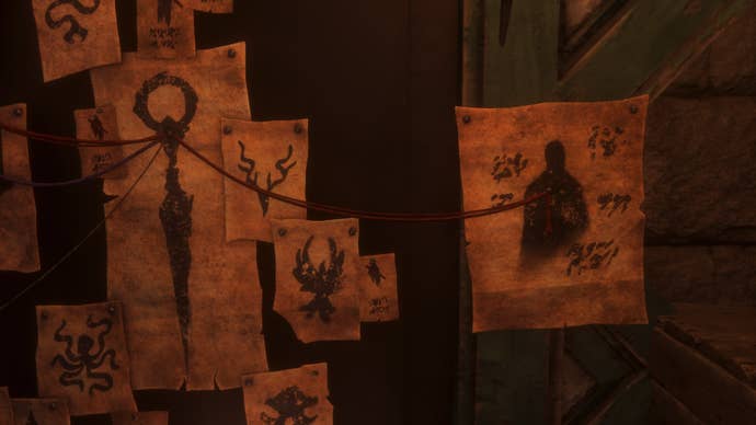 A screenshot of an interior wall in Dragon Age: The Veilguard that’s covered in pictures that are linked together with string, as if someone has been investigating a complex mystery.