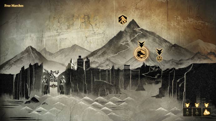 A side-on illustration of a walled city with a mountain in the background. It’s Kirkwall from Dragon Age 2.