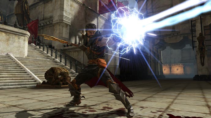 A hero wields magic in this screen from Dragon Age 2.