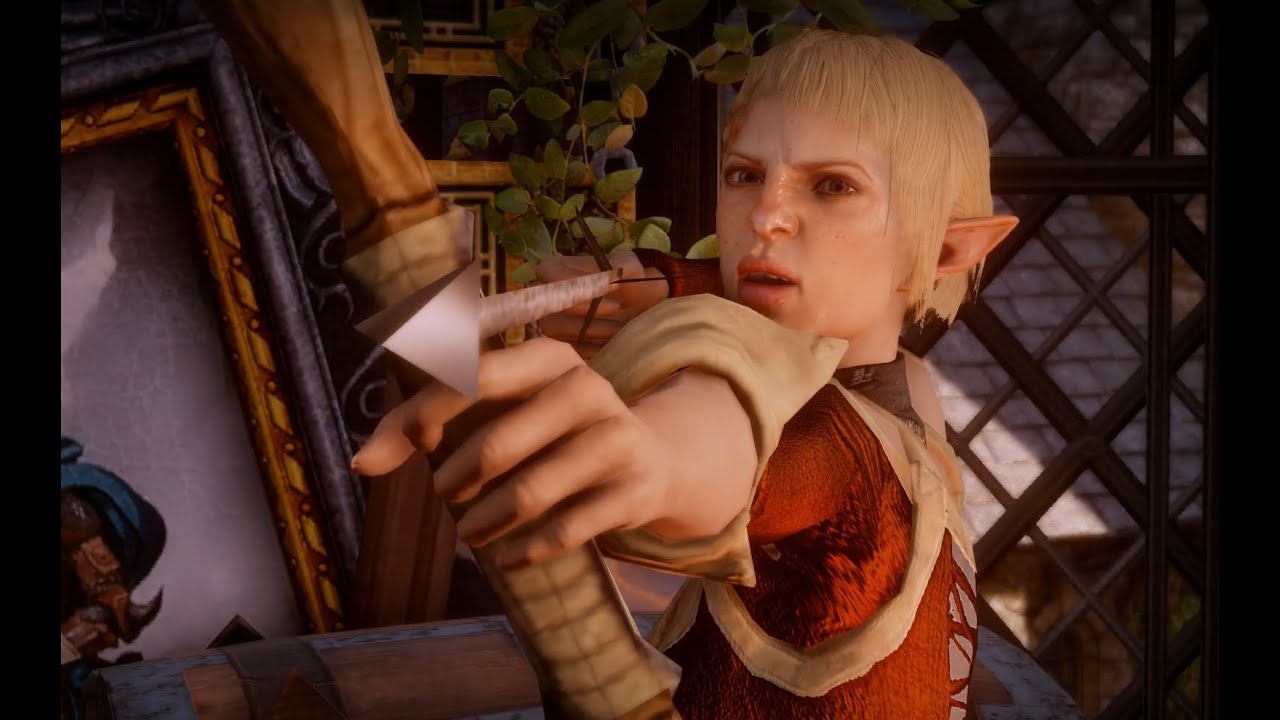 Dragon Age: Inquisition's blonde elf Serah threatening you with her drawn bow.