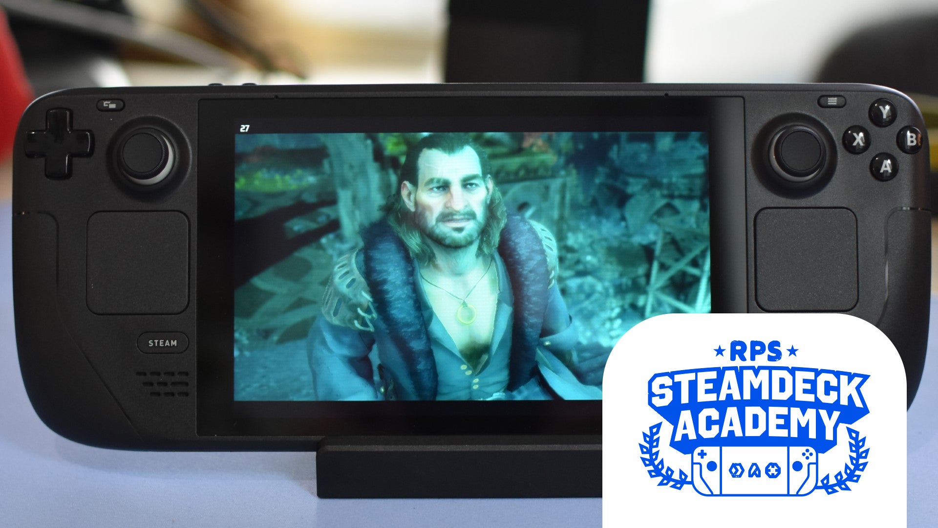 Varric looks on worringly in in Dragon Age: The Veilguard, running on a Steam Deck. The RPS Steam Deck Academy logo is added in the lower right corner. - 1