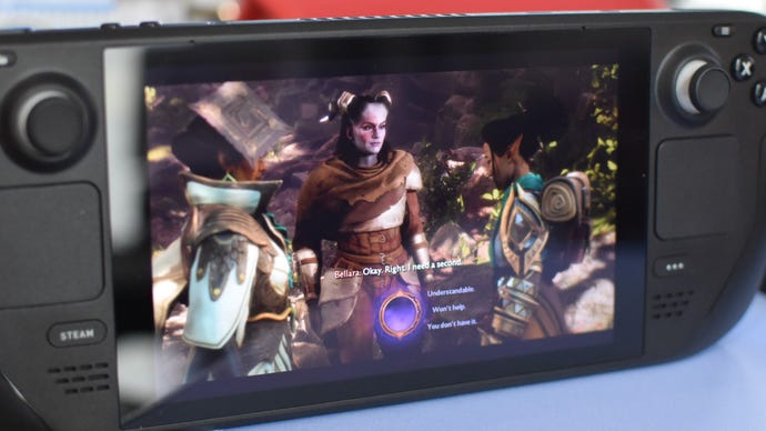 A conversation between Rook, Neve, and Bellara in Dragon Age: The Veilguard, running on a Steam Deck.