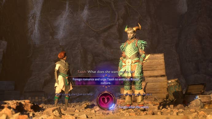 The option to call of a romance with Taash selected in Dragon Age: The Veilguard.