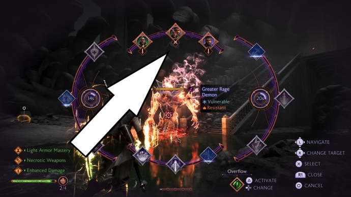 A white arrow pointing to the 'Attack my target' option in the combat wheel in Dragon Age: The Veilguard.