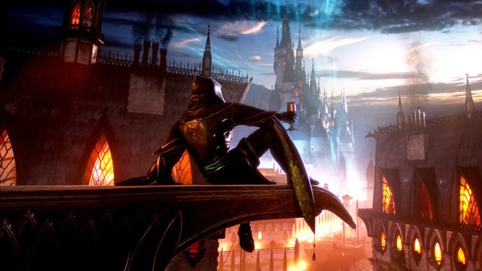 Screenshot from Dragon Age: The Veilguard showing a character sitting on the outside of a building looking over the city