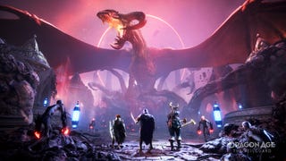Dragon Age: The Veilguard screenshot showing three characters facing off against a ruddy big dragon.