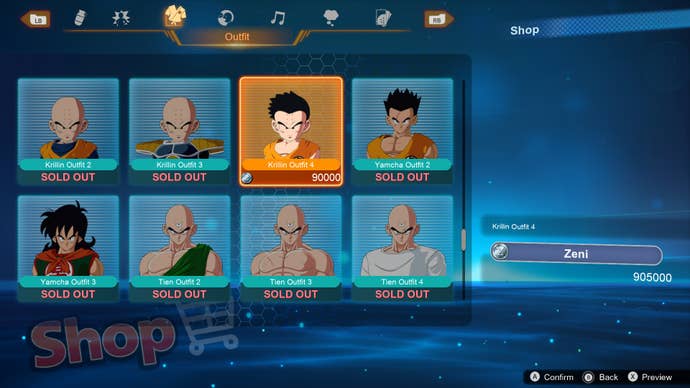 Dragon Ball: Sparking! Zero screenshot of some of the costume options for Krillin, Tien and Yamcha