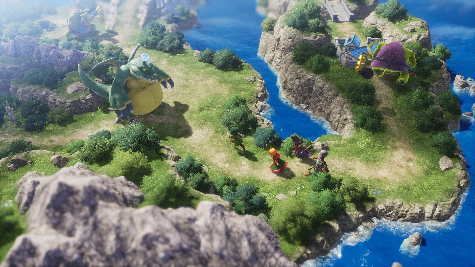 An overworld map, green land, grey rocks, blue sea, in Dragon Quest 7 Reimagined.