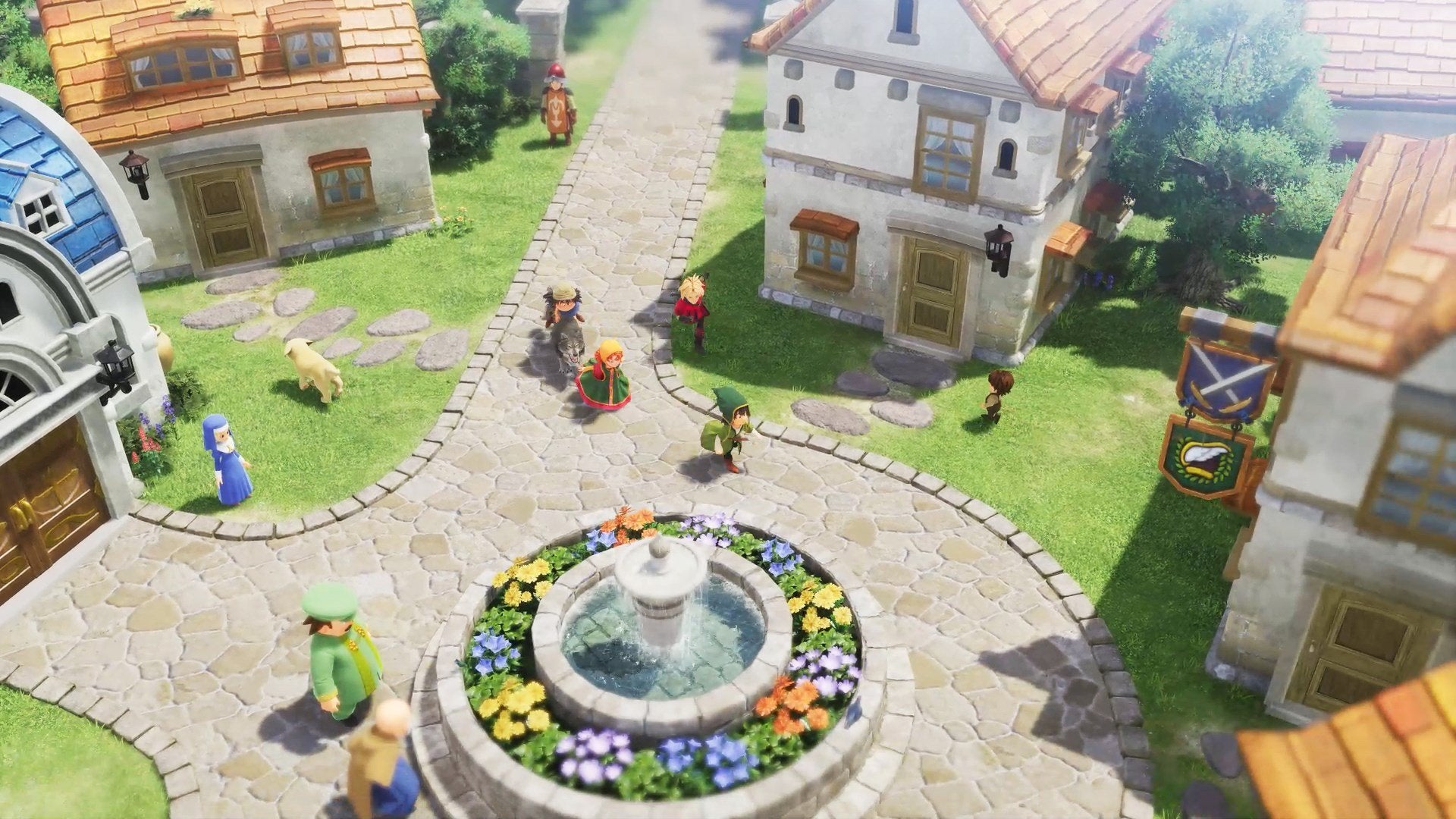 A town from Dragon Quest 7 Reimagined with townspeople in it, seen from an isometric view.