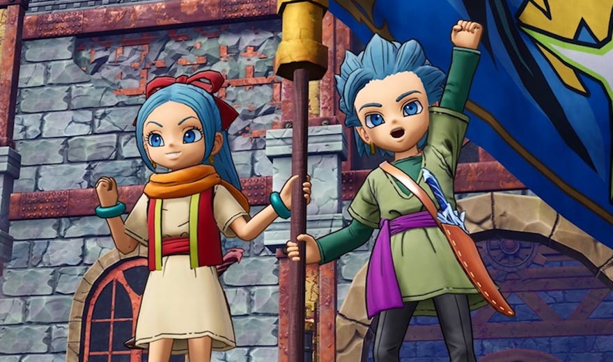 Child versions of Eric and Mia celebrate in a screenshot from Dragon Quest Treasures