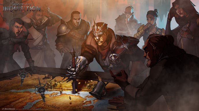 Concept art showing a crowned and armoured character slamming a knife down into a table on which a map can be seen.