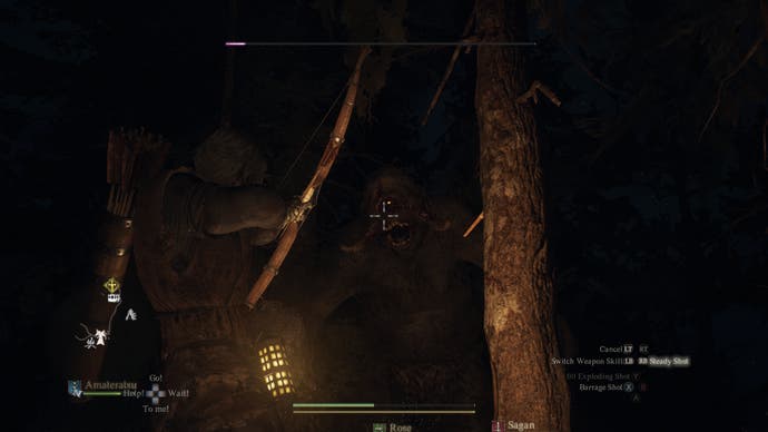 Dragon's Dogma 2 Review 3 - Dragon's Dogma 2 screenshot of the Arisen aiming at a troll with a bow and arrow