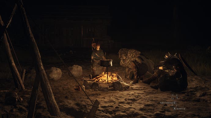 Dragon's Dogma 2 Review 5 - Dragon's Dogma 2 screenshot of the Arisen and his party of pawns camping
