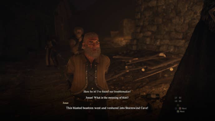 Dragon’s Dogma 2 Review 6 - Dragon’s Dogma 2 screenshot of an NPC named Jonas being prejudiced towards the Beastren Arisen