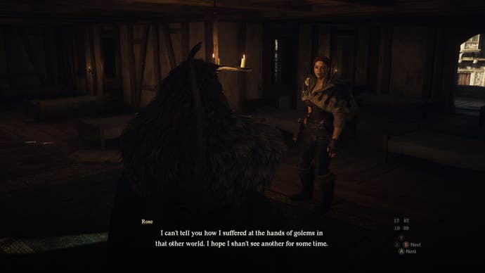 Dragon’s Dogma 2 Review 7 - Dragon’s Dogma 2 screenshot of the Arisen’s main pawn Rose telling him of her adventure after returning from her journey