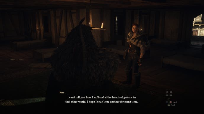 Dragon's Dogma 2 Review 7 - Dragon's Dogma 2 screenshot of the Arisen's main pawn Rose telling him of her adventure after returning from her journey