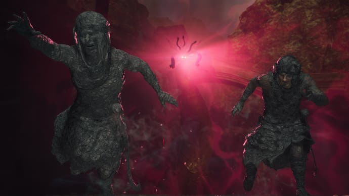 Dragon's Dogma 2 Review 8 - Dragon's Dogma 2 screenshot of two people who have been petrified by a hydra
