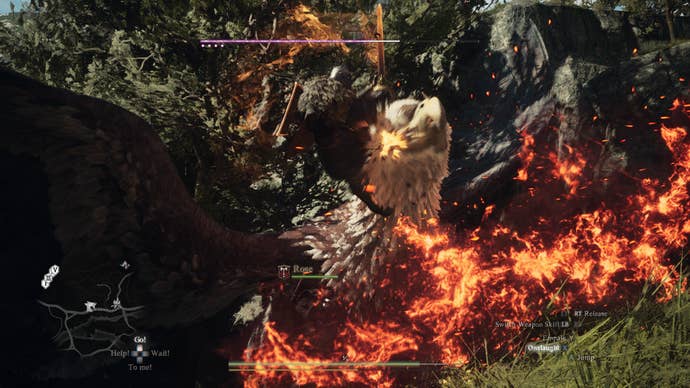 Dragon’s Dogma 2 Review 9 - Dragon’s Dogma 2 screenshot of the Arisen clinging onto a griffin’s head as he strikes it