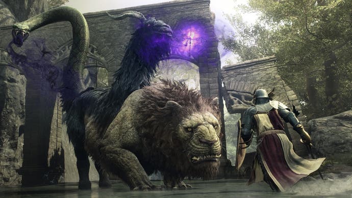 Dragons Dogma 2 image showing a Chimera monster. This four-legged, three headed beast bears the visage of a lion, goat and serpent.
