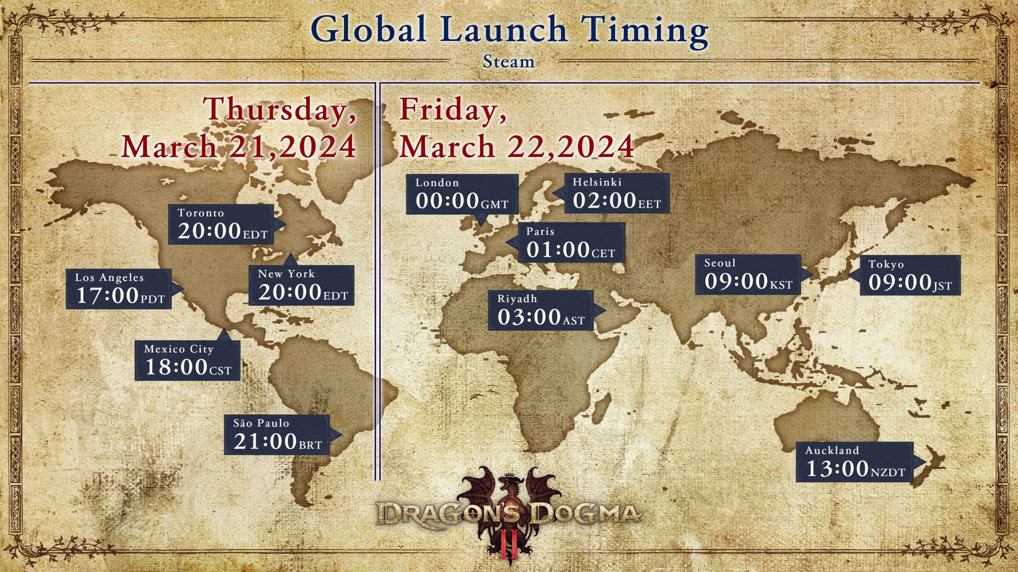 A map of the world with the Dragon's Dogma 2 logo at the bottom, showing the game's launch times in a dozen cities: Los Angeles, Mexico City, Toronto, New York, São Paolo, London, Paris, Helsinki, Riyadh, Seoul, Tokyo, and Auckland. - 3