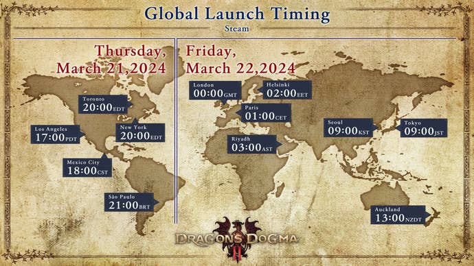 A map of the world with the Dragon's Dogma 2 logo at the bottom, showing the game's launch times in a dozen cities: Los Angeles, Mexico City, Toronto, New York, São Paolo, London, Paris, Helsinki, Riyadh, Seoul, Tokyo, and Auckland.