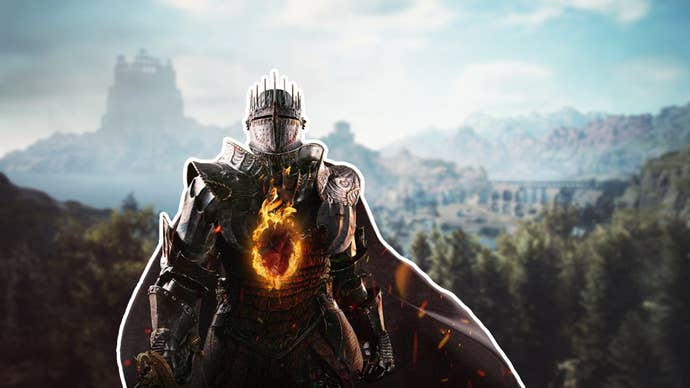 The Arisen, main character in Dragon’s Dogma 2, stands front and center – over a slighltly blurred fantasy background of sea, forest, aqueduct and castle.