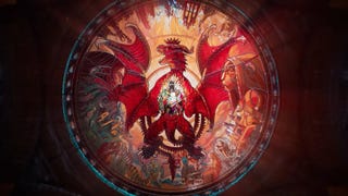Dragon's Dogma 2 image, showing an intricate stained glass window depicting a roaring dragon with its wings spread.