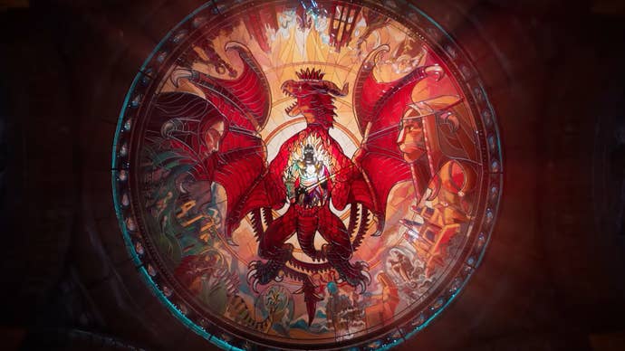Dragon’s Dogma 2 image, showing an intricate stained glass window depicting a roaring dragon with its wings spread.