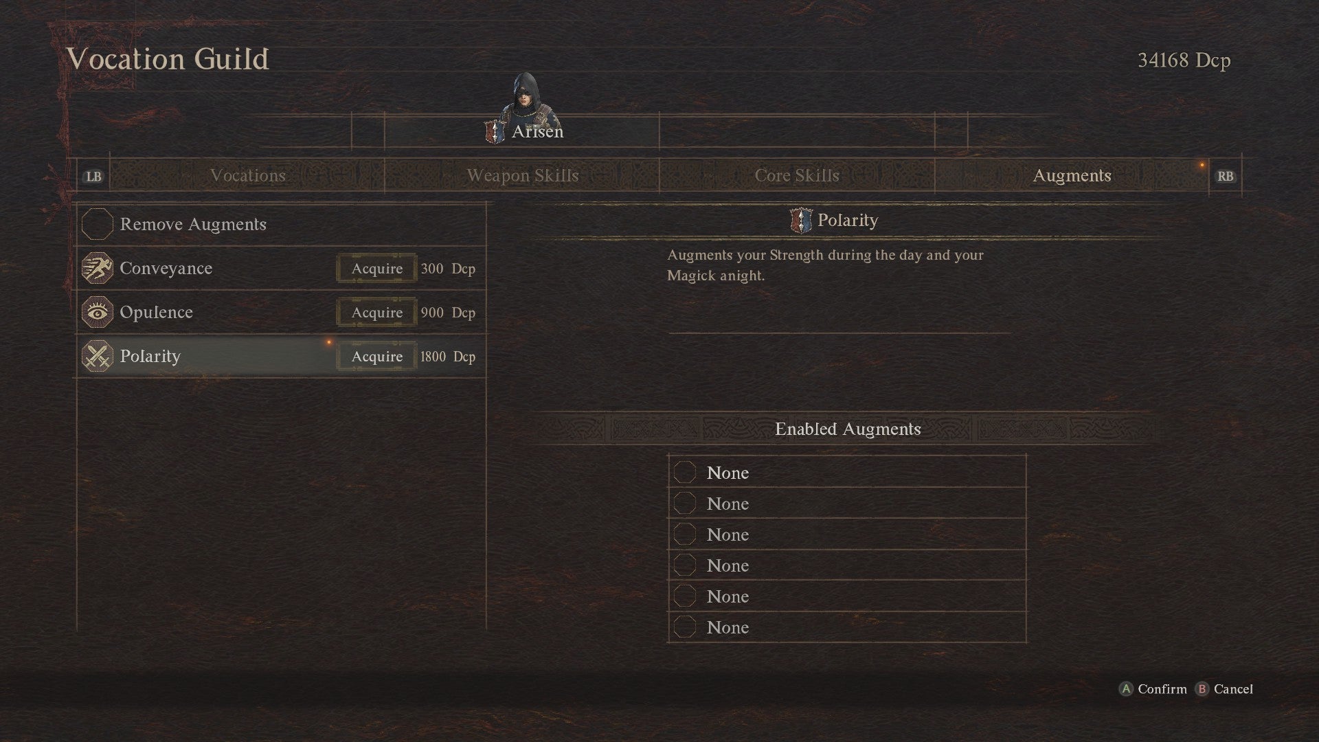 Dragon&rsquo;s Dogma 2 screenshot showing the augments menu for the Mystic Spearhand.