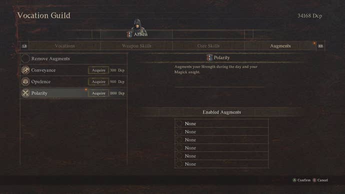 Dragon’s Dogma 2 screenshot showing the augments menu for the Mystic Spearhand.