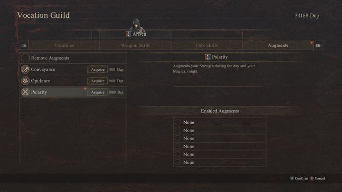 Dragon's Dogma 2 screenshot showing the augments menu for the Mystic Spearhand.