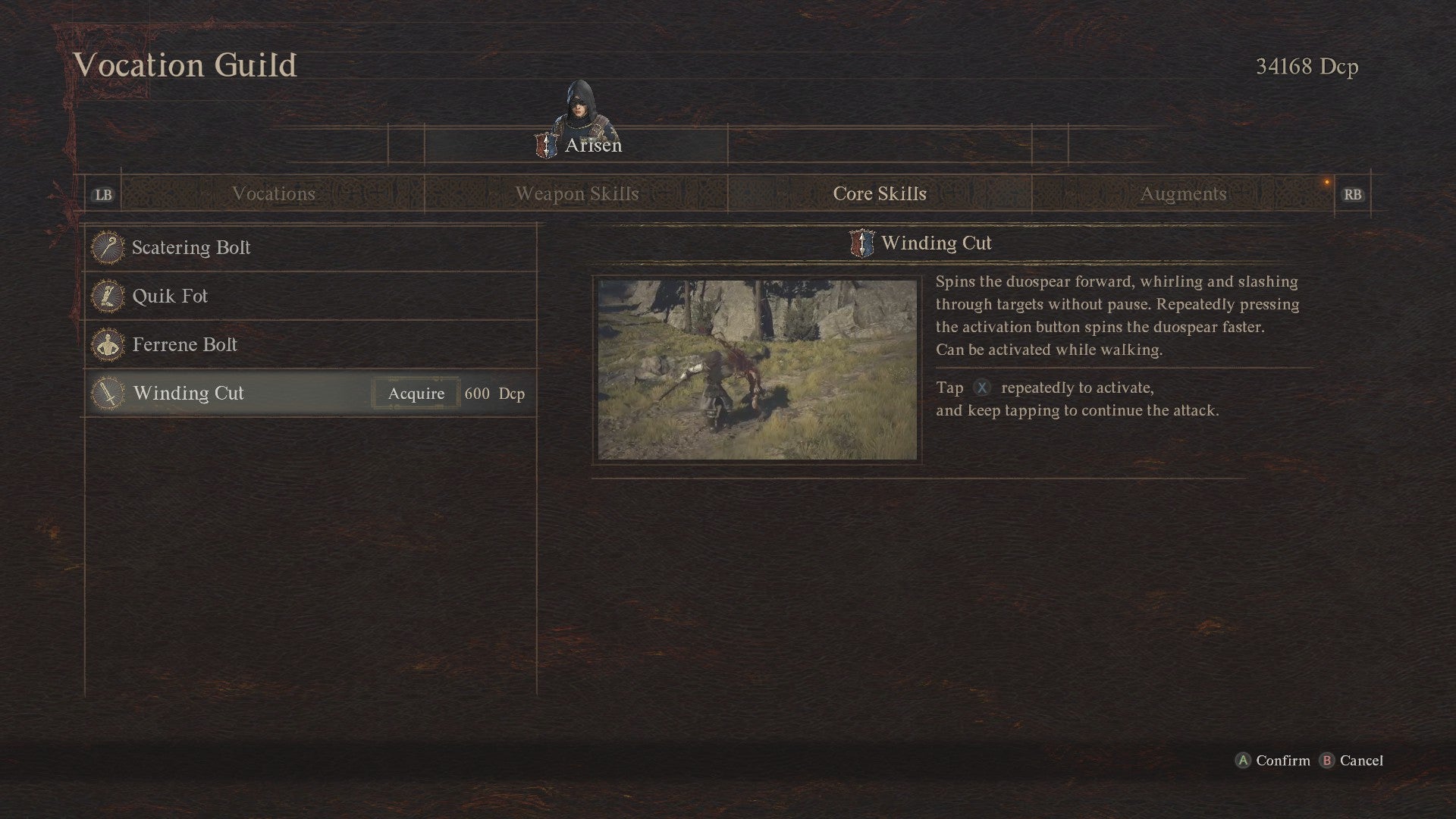 Dragon&rsquo;s Dogma 2 screenshot showing the core skills menu for the Mystic Spearhand.