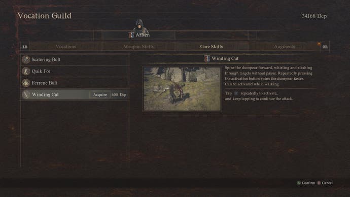 Dragon's Dogma 2 screenshot showing the core skills menu for the Mystic Spearhand.