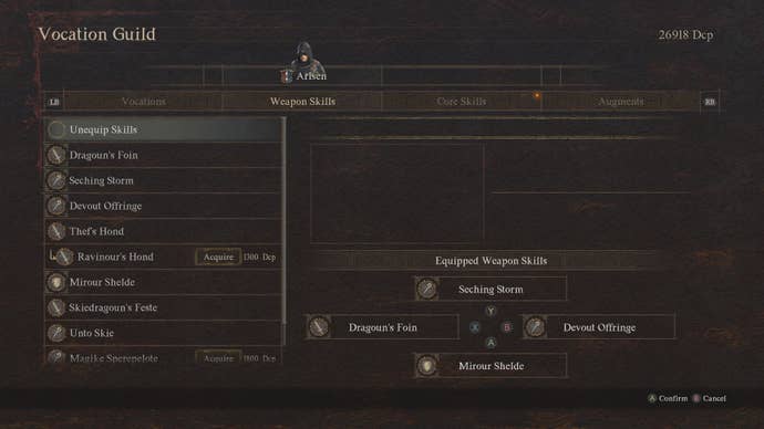 A menu from Dragon’s Dogma 2 showing the Mystic Spearhand Weapon Skills