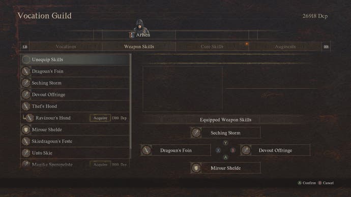 A menu from Dragon's Dogma 2 showing the Mystic Spearhand Weapon Skills